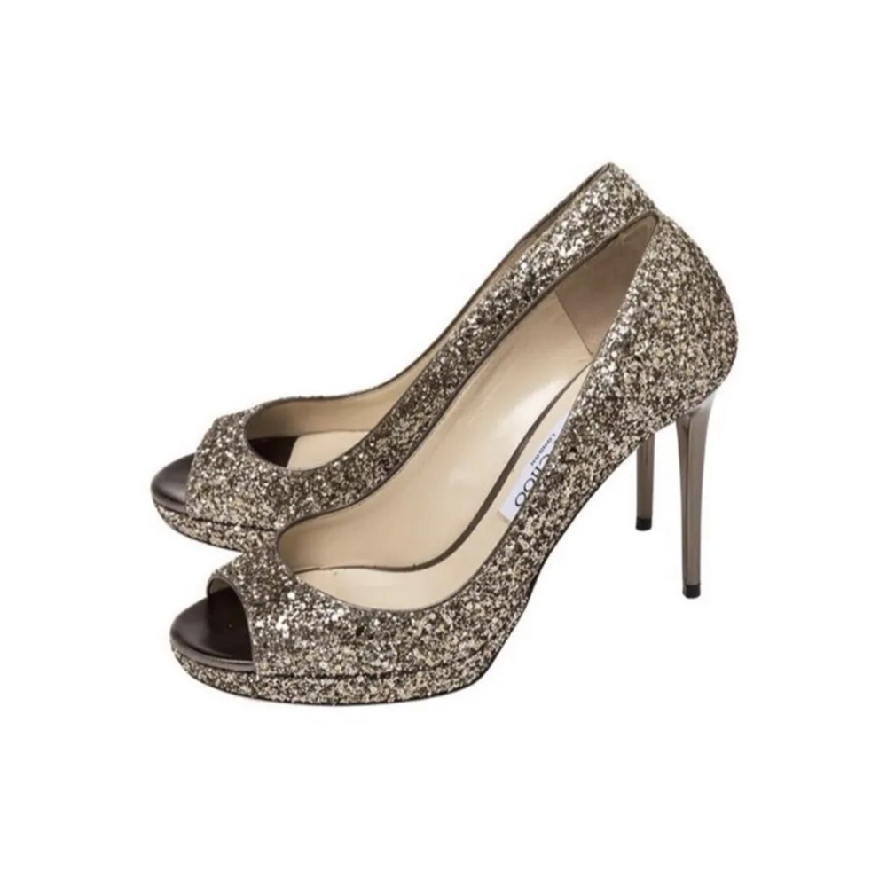 Jimmy Choo gold sparkle peep toe heel